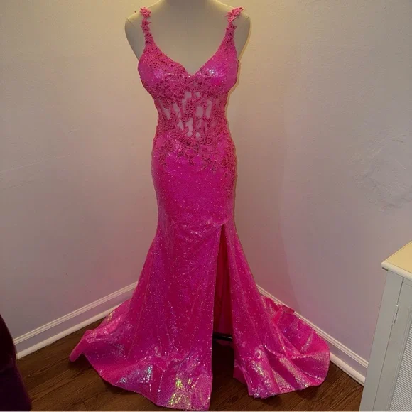 Colors Brand Dress 4 Elegant Hot Pink Floral Sequin Evening Prom Homecoming  Gown